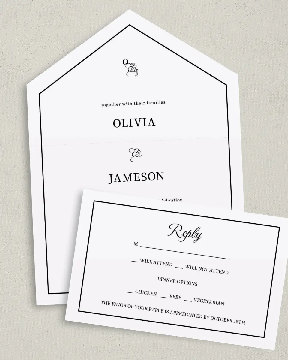 This is a 6" x 4½" All-in-One Wedding Invitation called Scarsdale printed in full color on Premium Smooth paper