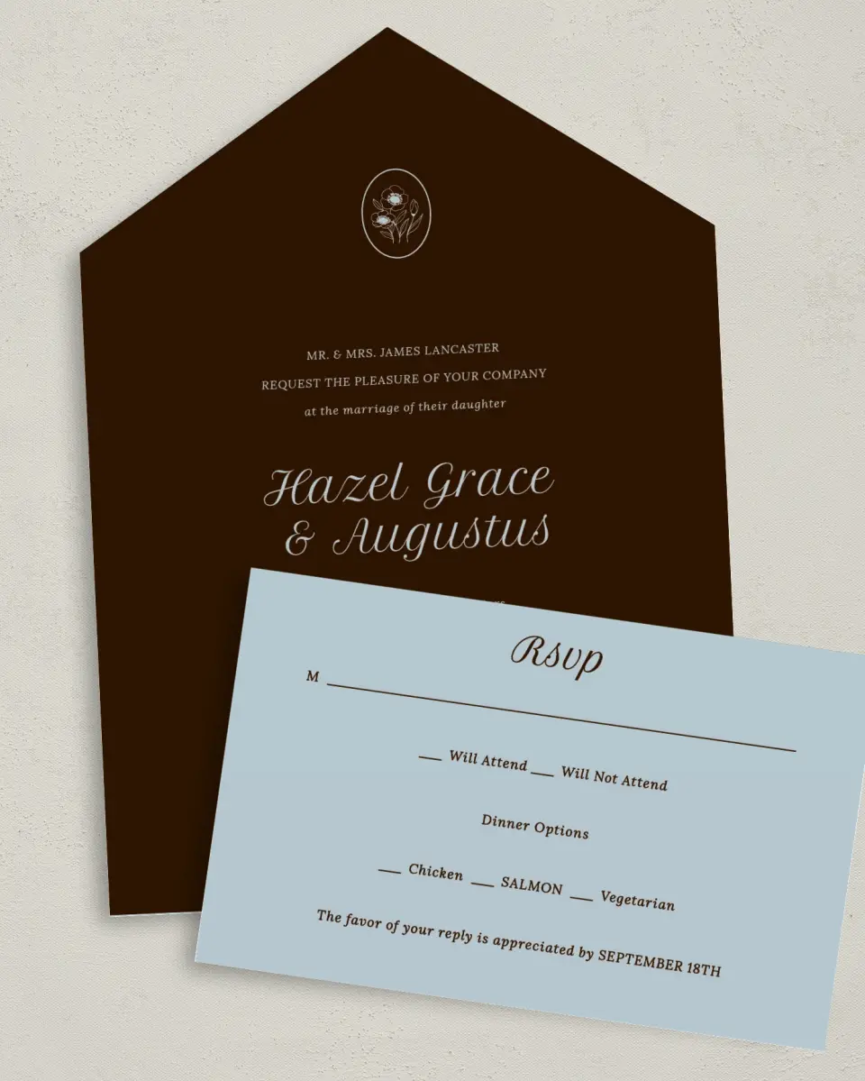 This is a 6" x 4½" All-in-One Wedding Invitation called Montauk printed in full color on Premium Smooth paper