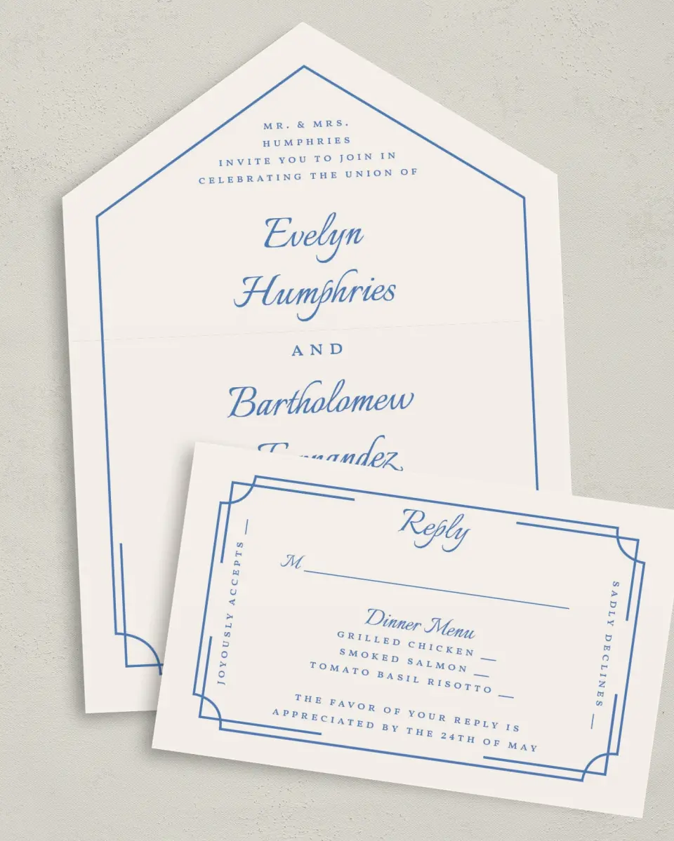 This is a 6" x 4½" All-in-One Wedding Invitation called Cambridge printed in full color on Premium Smooth paper