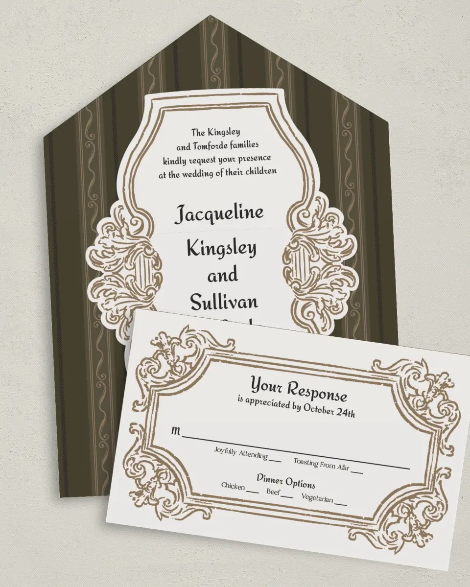 This is a 6" x 4½" All-in-One Wedding Invitation called Lafayette printed in full color on Premium Smooth paper
