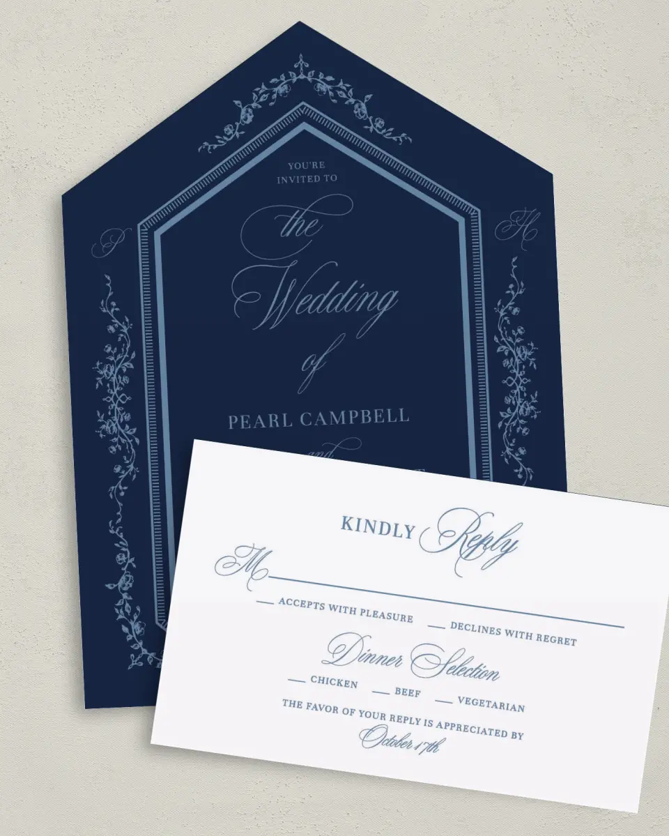 This is a 6" x 4½" All-in-One Wedding Invitation called Berkeley printed in full color on Premium Smooth paper