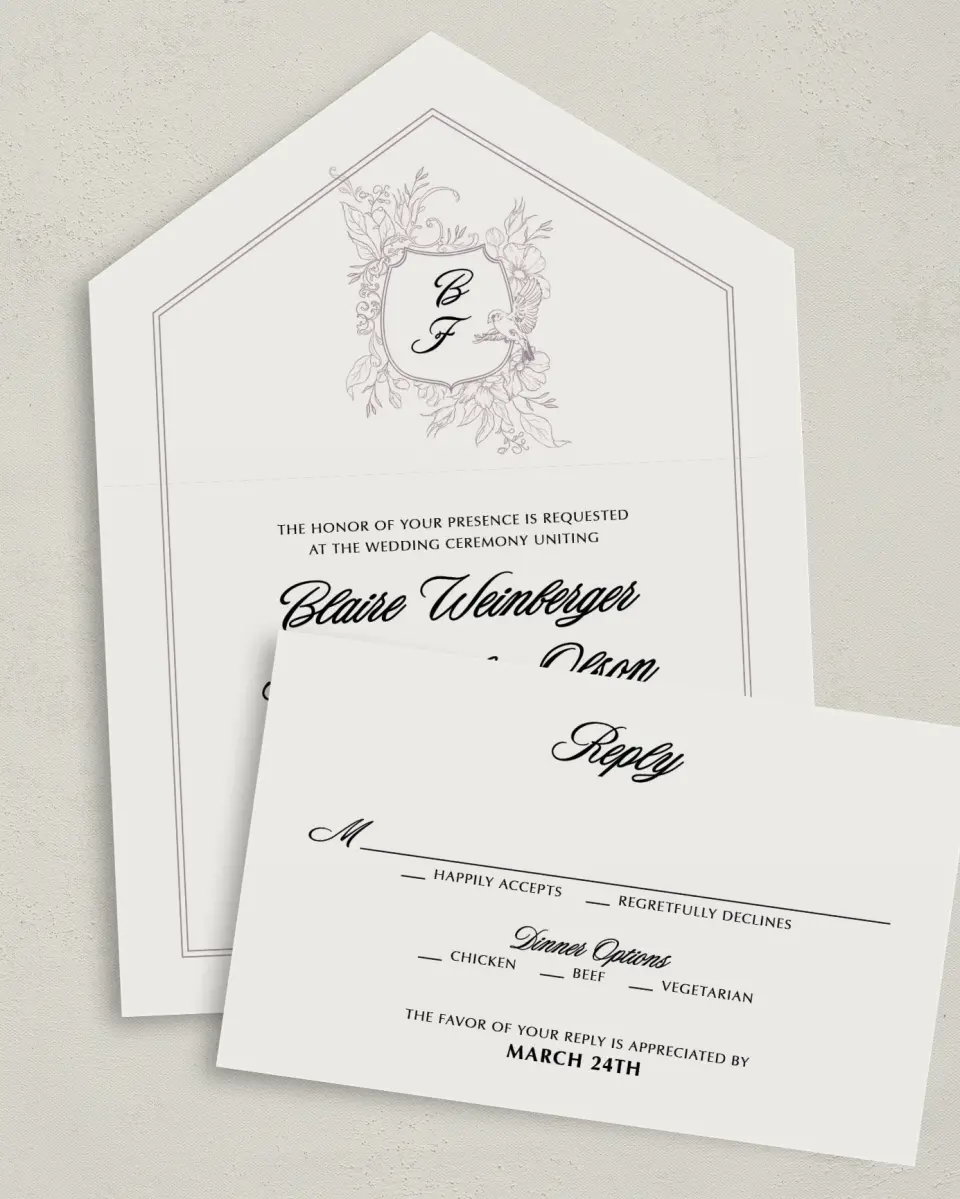 This is a 6" x 4½" All-in-One Wedding Invitation called Charleston printed in full color on Premium Smooth paper