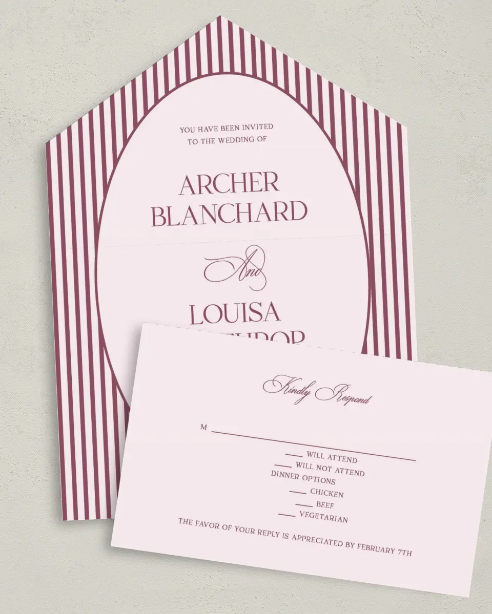 This is a 6" x 4½" All-in-One Wedding Invitation called Roswell printed in full color on Premium Smooth paper