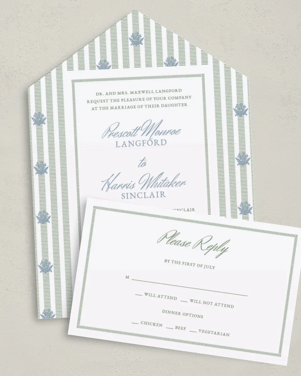 This is a 6" x 4½" All-in-One Wedding Invitation called Watch Hill printed in full color on Premium Smooth paper