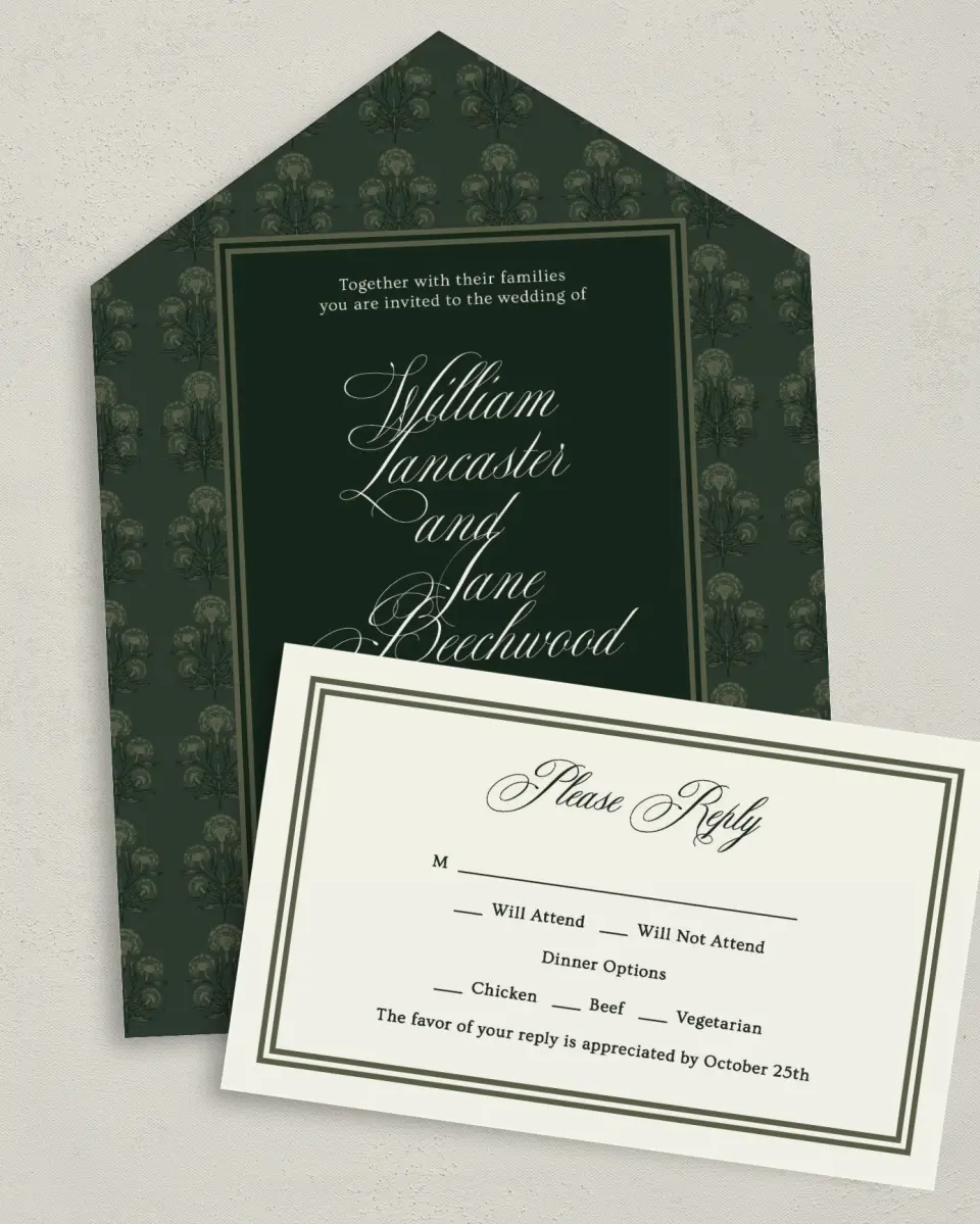 This is a 6" x 4½" All-in-One Wedding Invitation called Hillsborough printed in full color on Premium Smooth paper