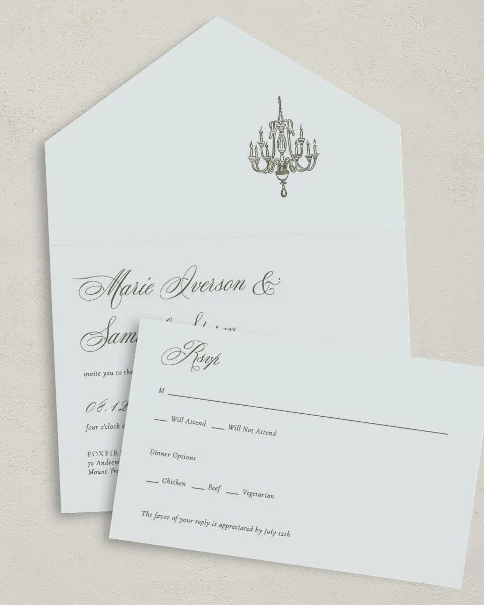 This is a 6" x 4½" All-in-One Wedding Invitation called Foxfire printed in full color on Premium Smooth paper