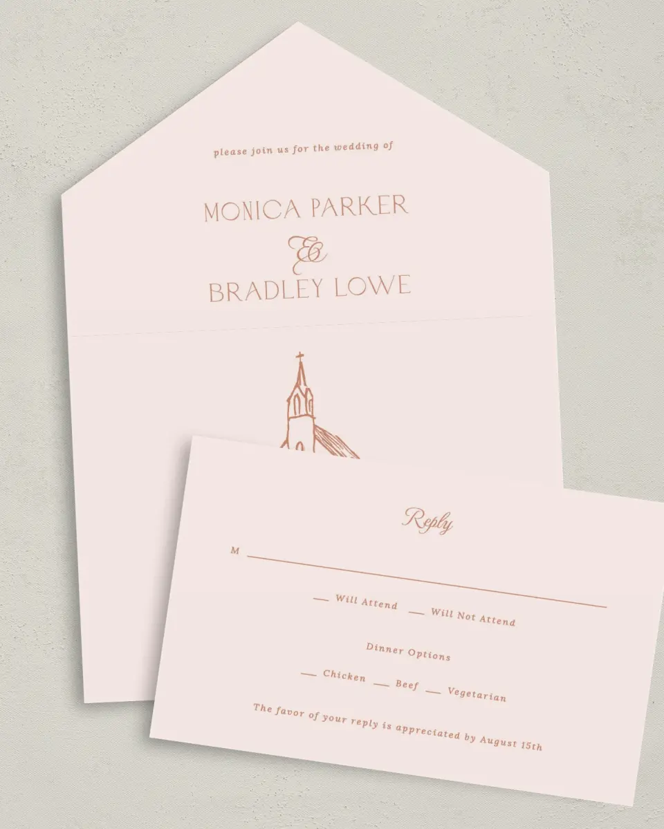 This is a 6" x 4½" All-in-One Wedding Invitation called Bridgetown printed in full color on Premium Smooth paper