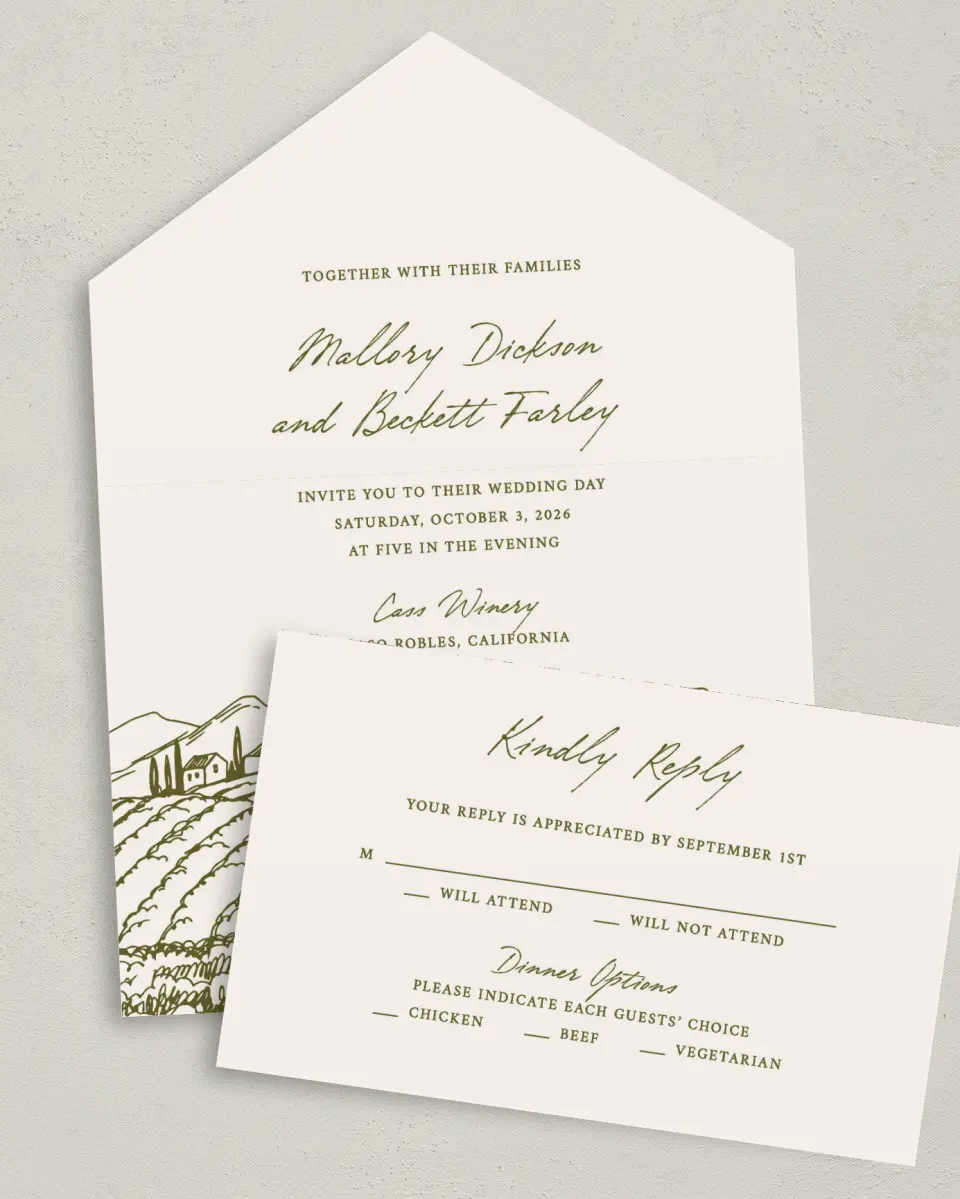 This is a 6" x 4½" All-in-One Wedding Invitation called Ivyhill printed in full color on Premium Smooth paper