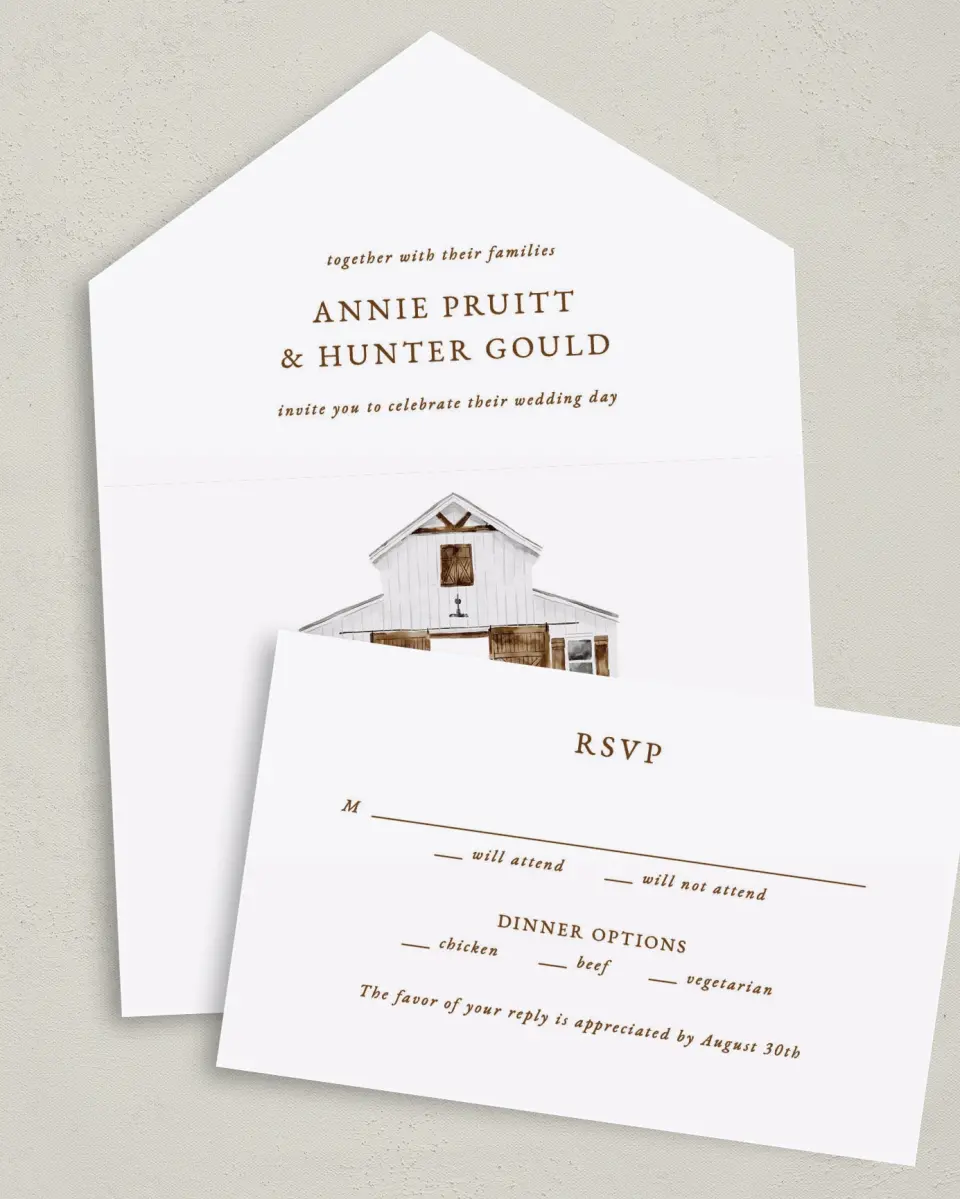 This is a 6" x 4½" All-in-One Wedding Invitation called Cedarhill Crossing printed in full color on Premium Smooth paper