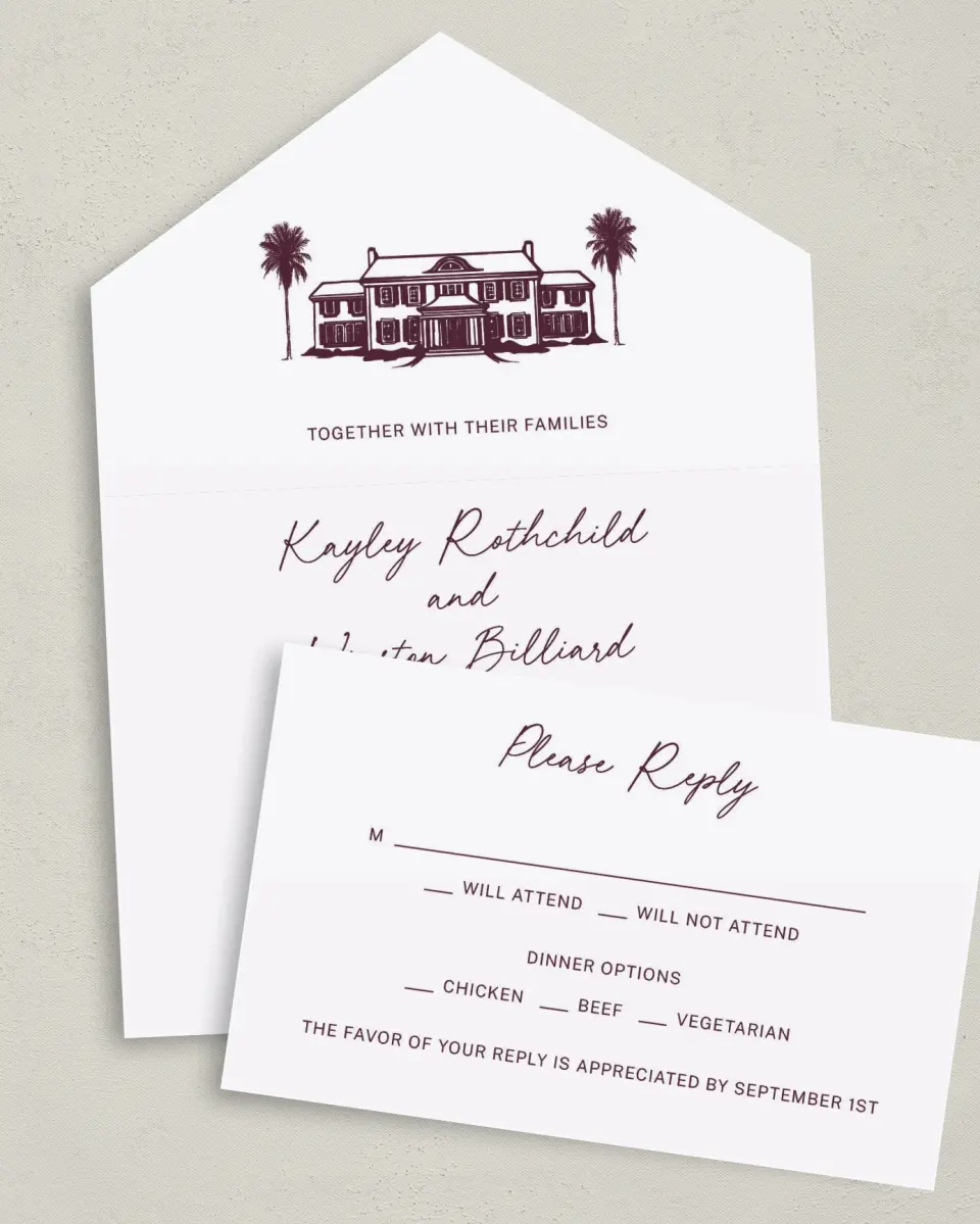 This is a 6" x 4½" All-in-One Wedding Invitation called The Wilclift printed in full color on Premium Smooth paper