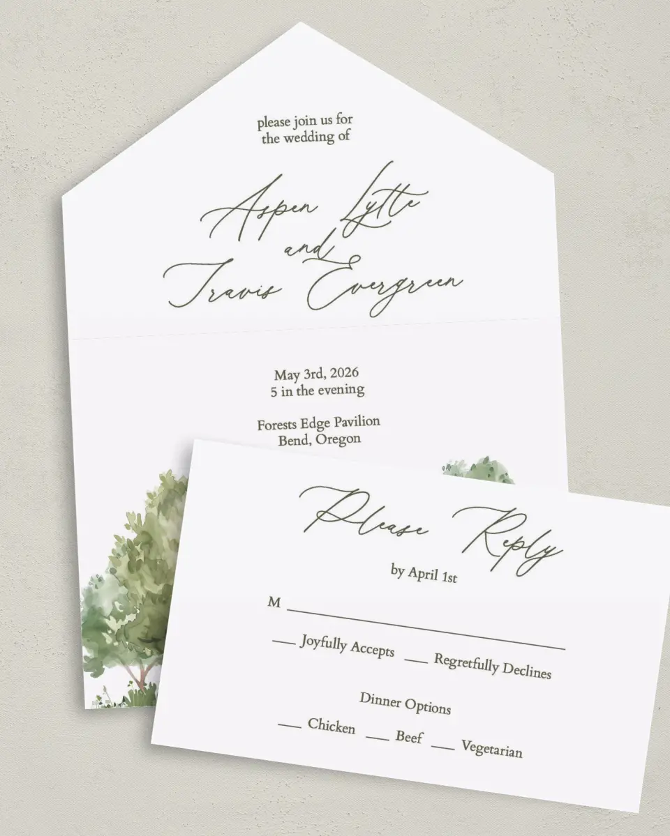 This is a 6" x 4½" All-in-One Wedding Invitation called Willowmere printed in full color on Premium Smooth paper