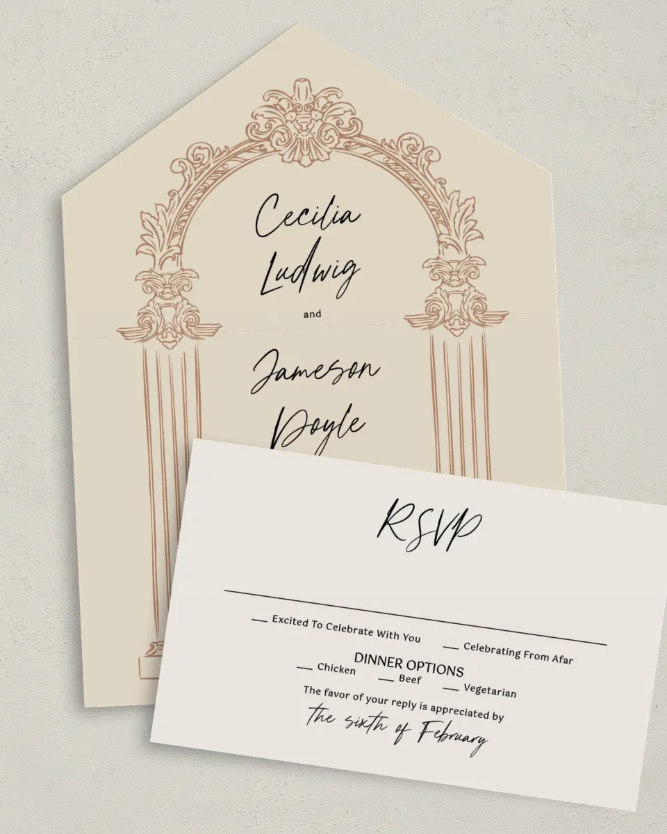 This is a 6" x 4½" All-in-One Wedding Invitation called Nazareth & Stone printed in full color on Premium Smooth paper