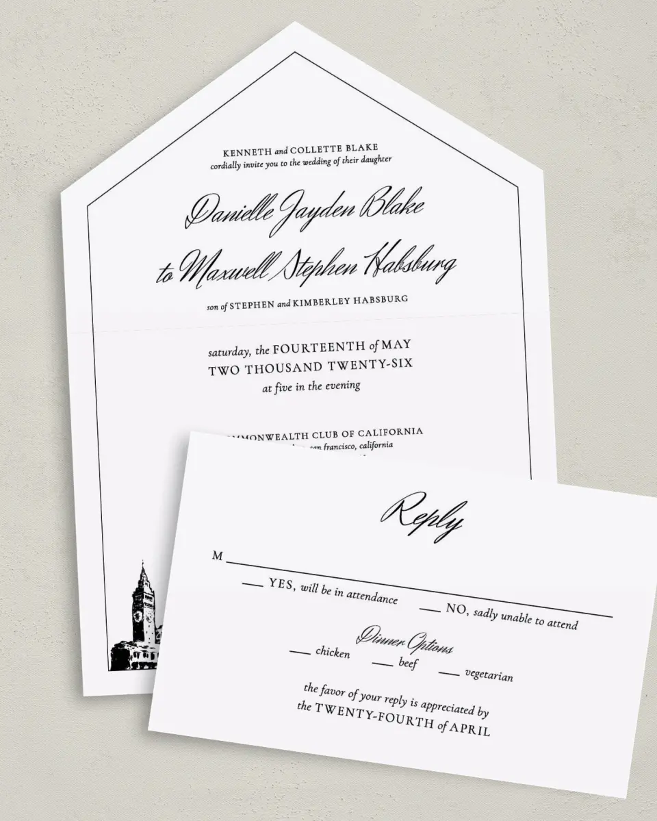 This is a 6" x 4½" All-in-One Wedding Invitation called Commonwealth Club printed in full color on Premium Smooth paper