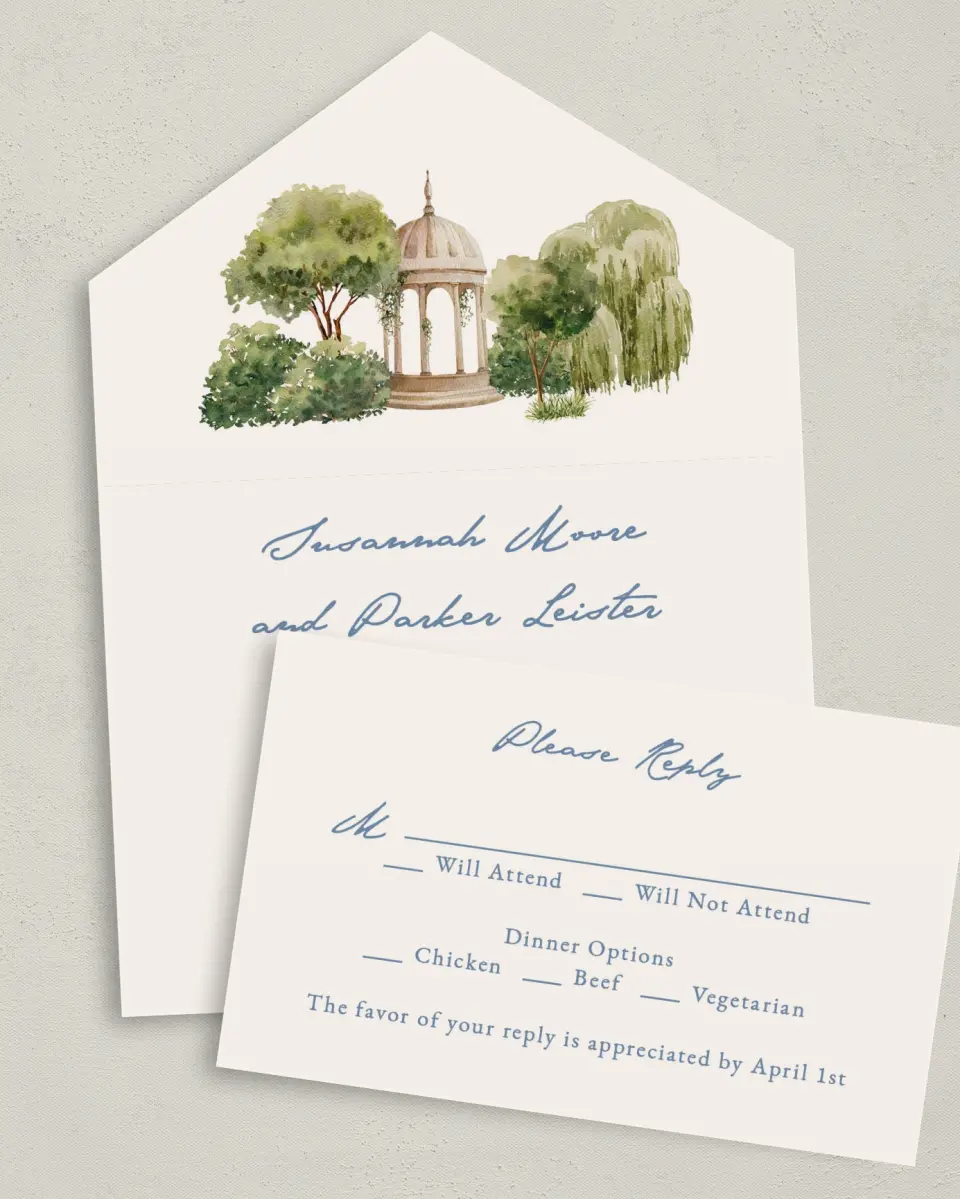 This is a 6" x 4½" All-in-One Wedding Invitation called Rosewood printed in full color on Premium Smooth paper
