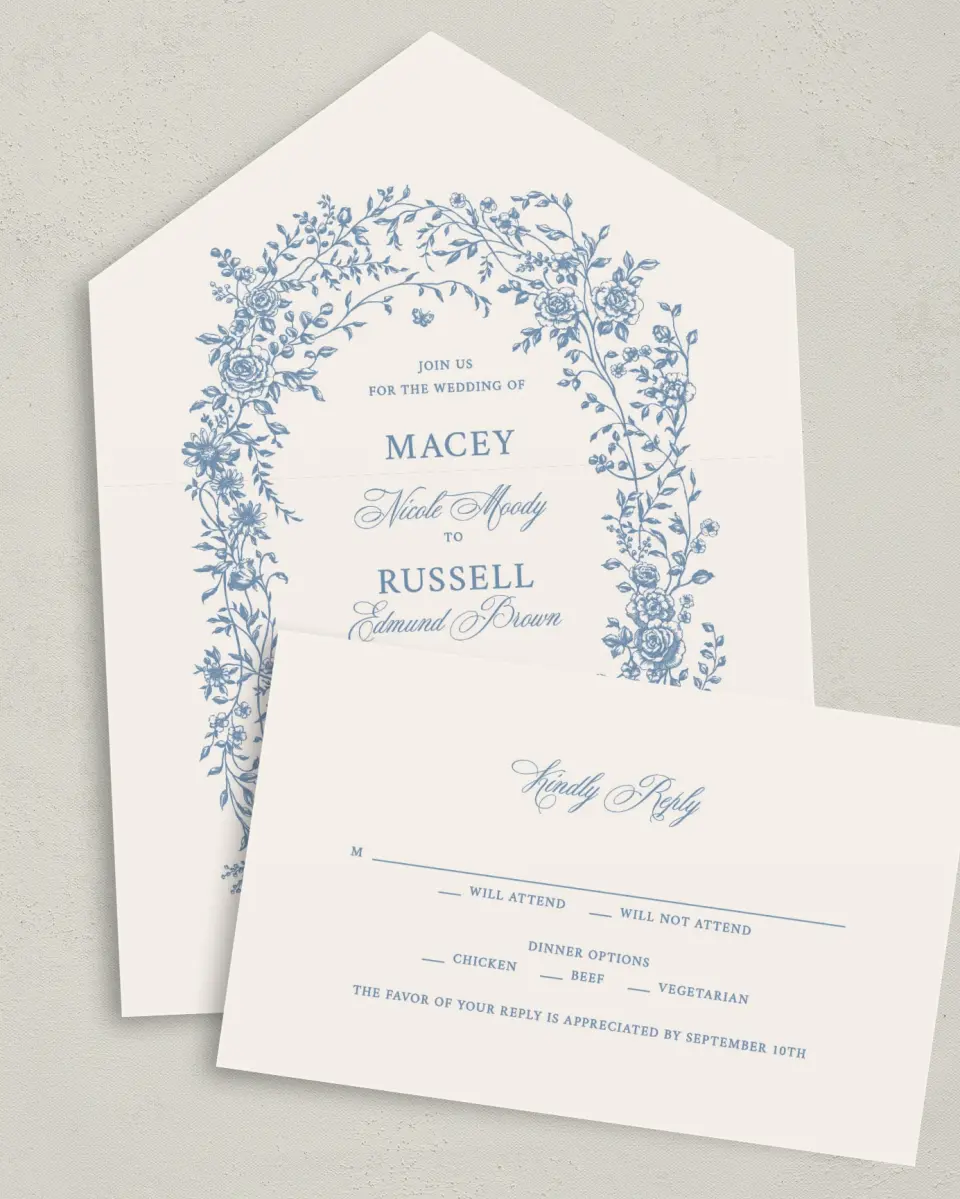 This is a 6" x 4½" All-in-One Wedding Invitation called Vintage Reverie printed in full color on Premium Smooth paper