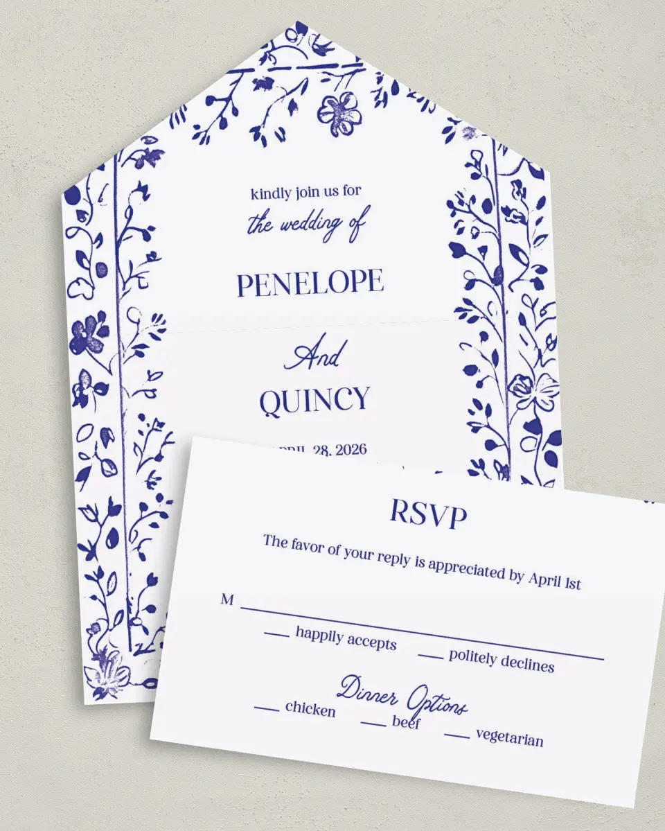 This is a 6" x 4½" All-in-One Wedding Invitation called Storybook Garden printed in full color on Premium Smooth paper