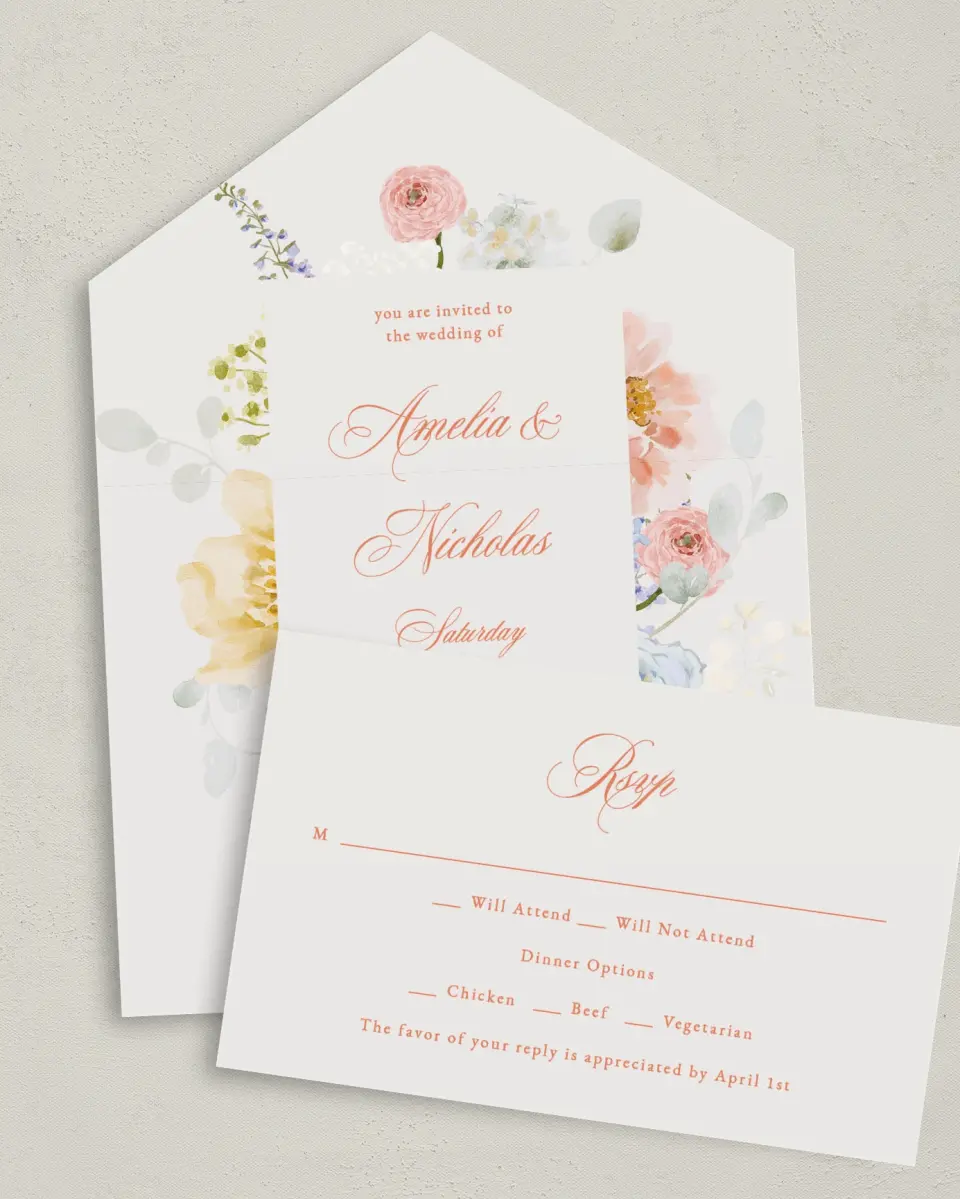This is a 6" x 4½" All-in-One Wedding Invitation called Forever Favorite printed in full color on Premium Smooth paper