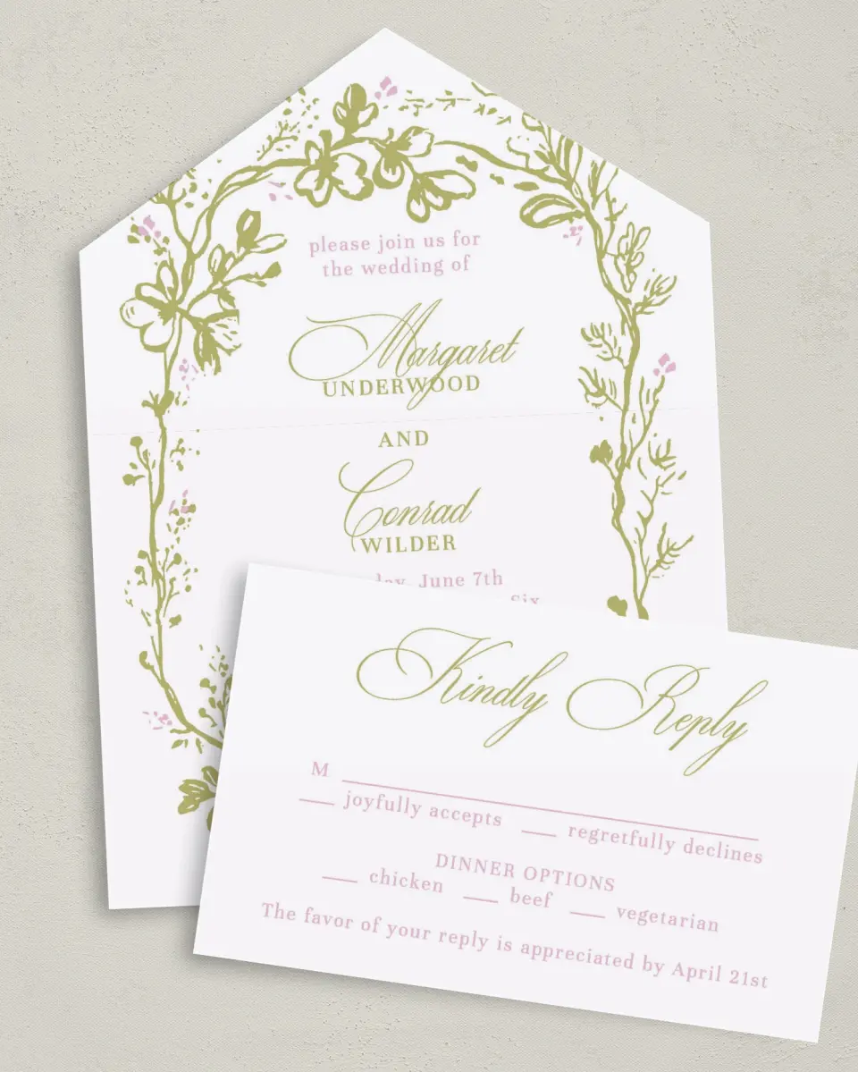 This is a 6" x 4½" All-in-One Wedding Invitation called Evening in Bloom printed in full color on Premium Smooth paper