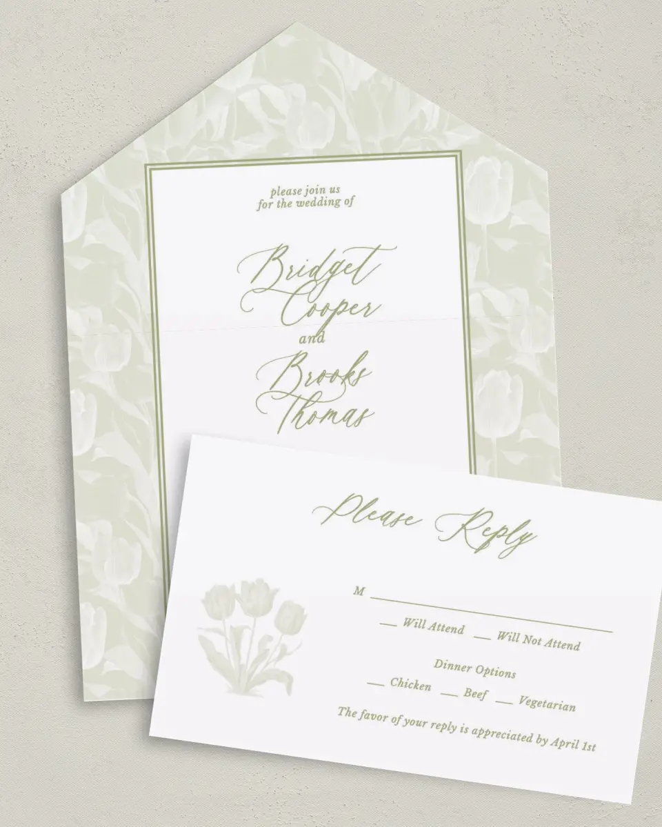 This is a 6" x 4½" All-in-One Wedding Invitation called Timeless Tulips printed in full color on Premium Smooth paper