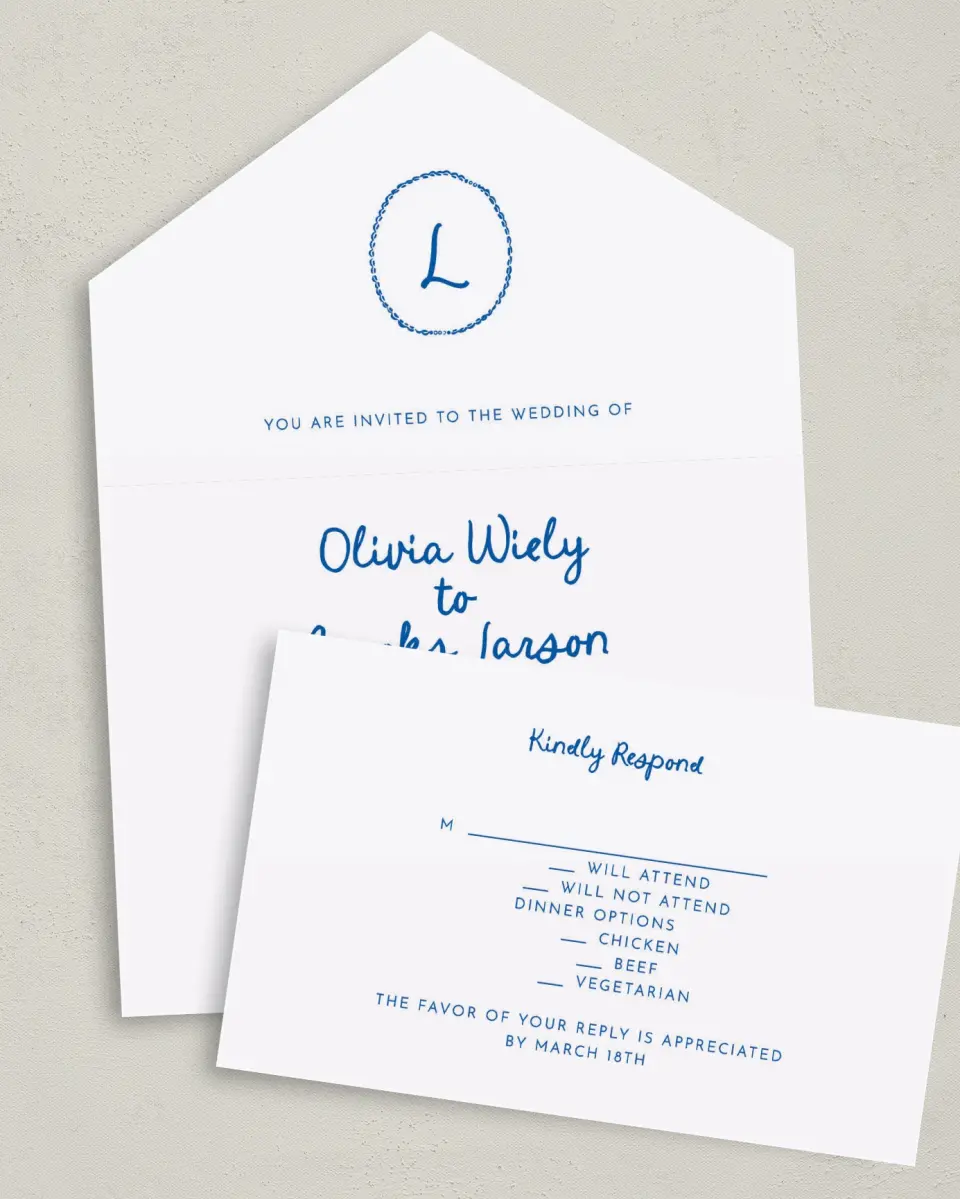This is a 6" x 4½" All-in-One Wedding Invitation called Scalloped Elegance printed in full color on Premium Smooth paper