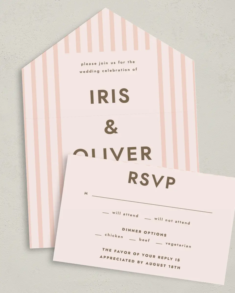 This is a 6" x 4½" All-in-One Wedding Invitation called Serendipity & Stripes printed in full color on Premium Smooth paper