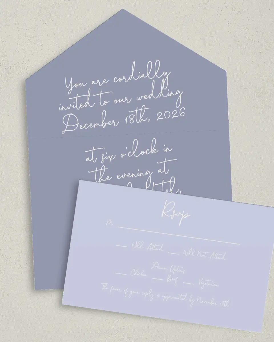This is a 6" x 4½" All-in-One Wedding Invitation called Yours Truly printed in full color on Premium Smooth paper