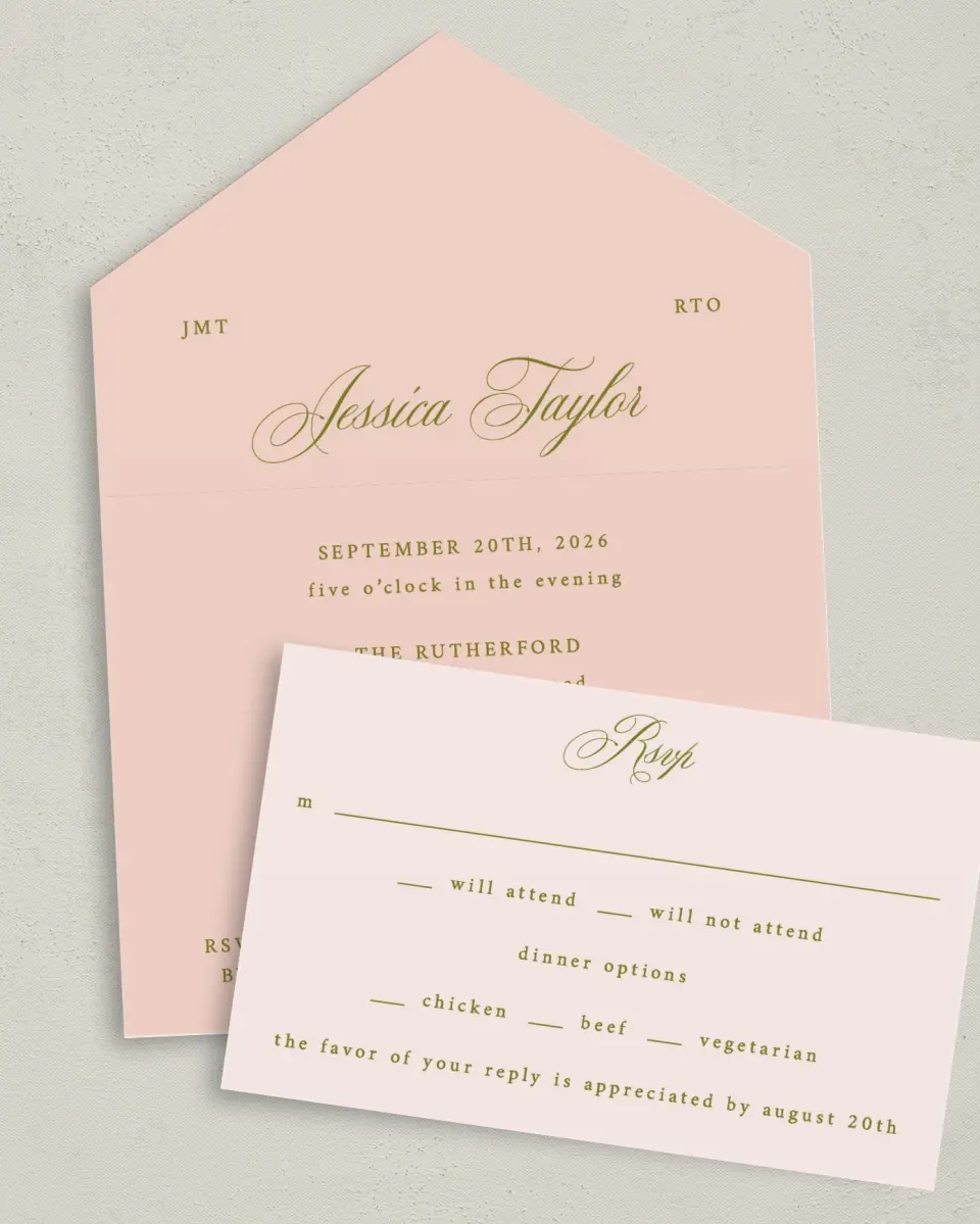This is a 6" x 4½" All-in-One Wedding Invitation called Love Off Script printed in full color on Premium Smooth paper
