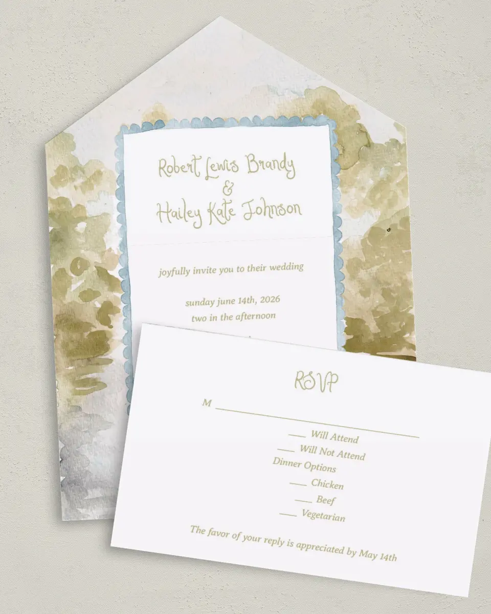 This is a 6" x 4½" All-in-One Wedding Invitation called Soft Meadows printed in full color on Premium Smooth paper