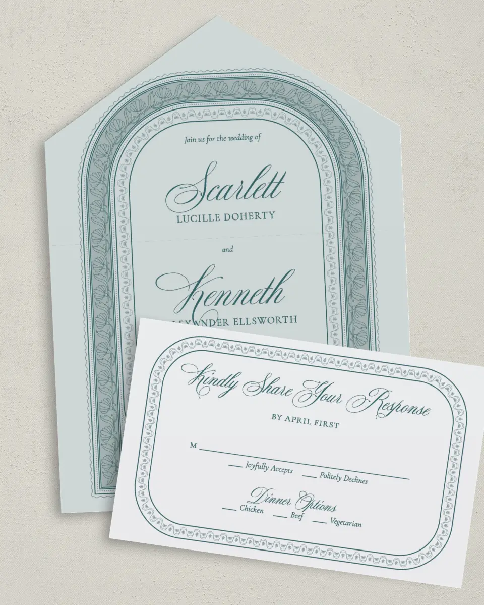 This is a 6" x 4½" All-in-One Wedding Invitation called Delicate Vintage printed in full color on Premium Smooth paper