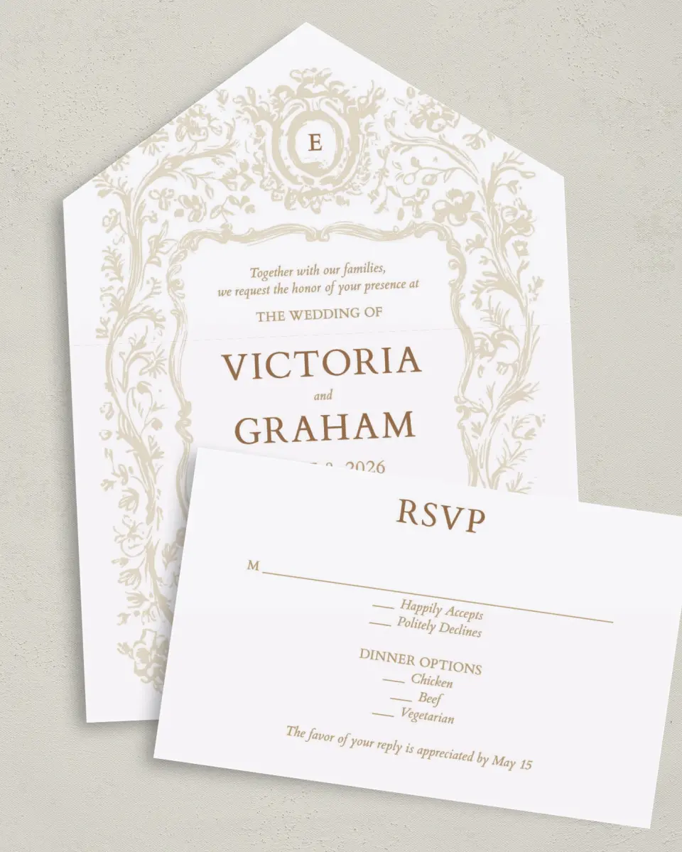 This is a 6" x 4½" All-in-One Wedding Invitation called Soft Branchlets printed in full color on Premium Smooth paper