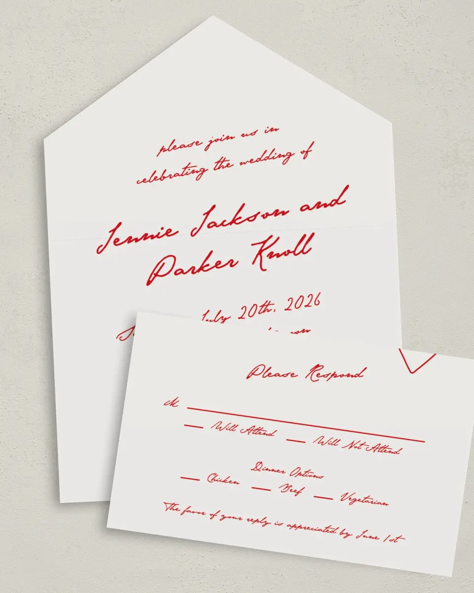 This is a 6" x 4½" All-in-One Wedding Invitation called With All Our Love printed in full color on Premium Smooth paper