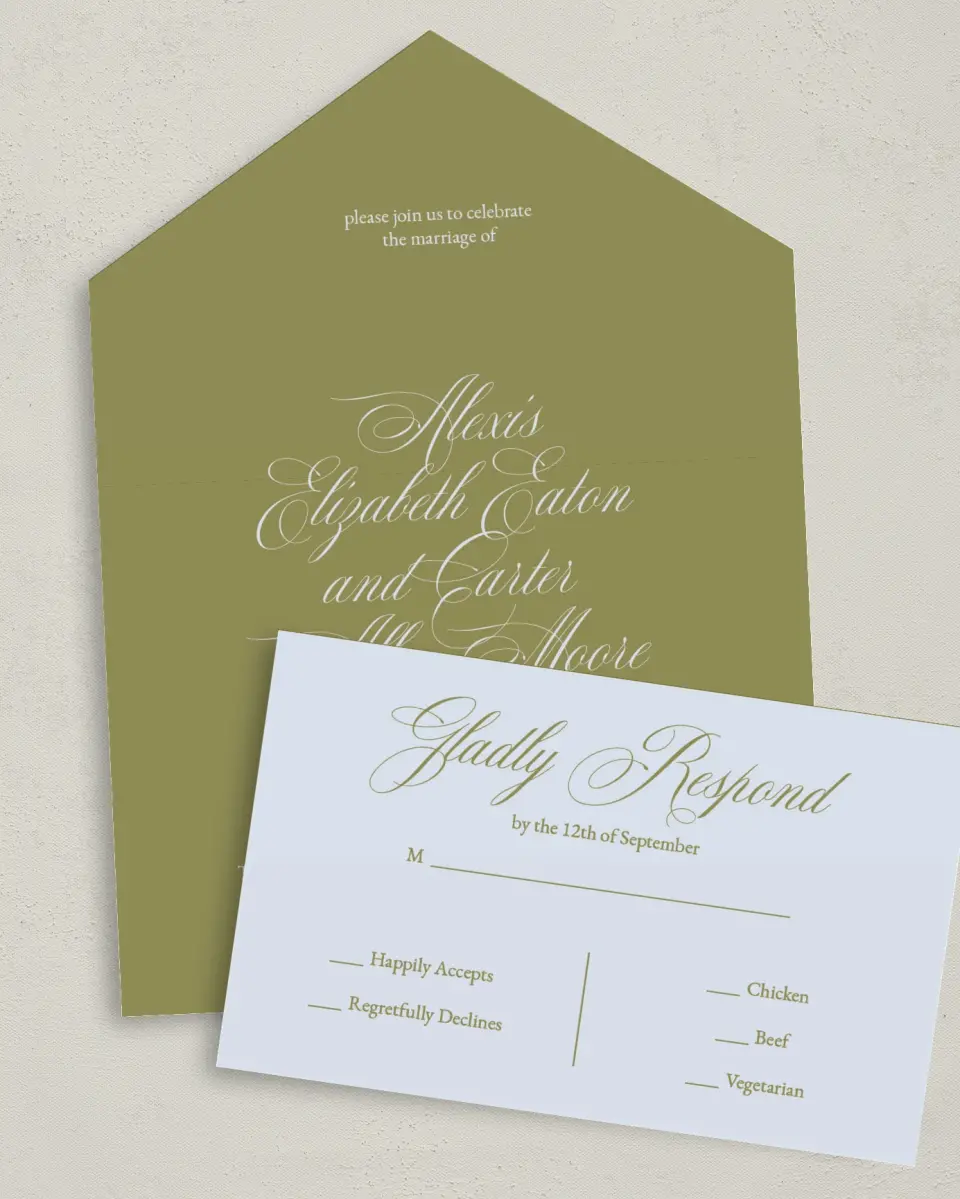 This is a 6" x 4½" All-in-One Wedding Invitation called Signature Vows printed in full color on Premium Smooth paper