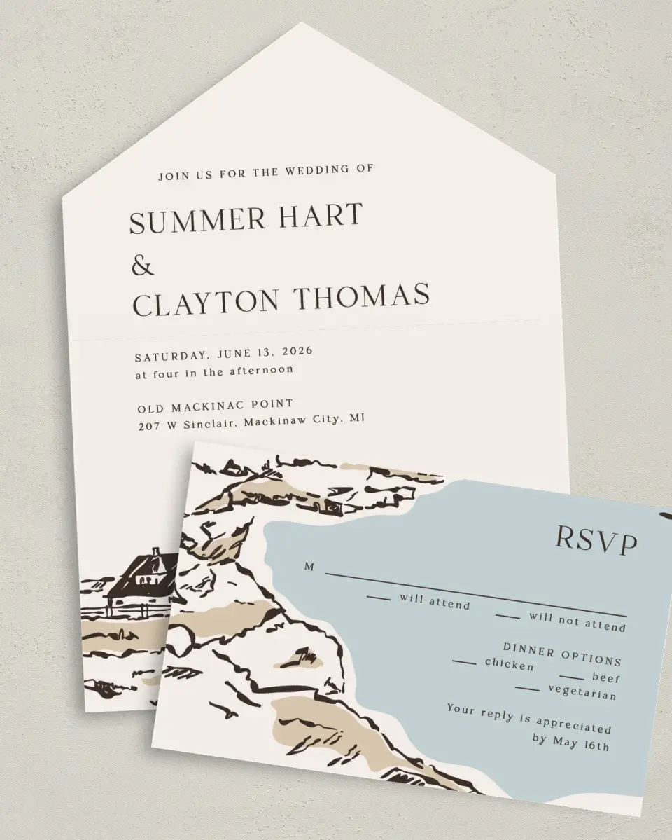 This is a 6" x 4½" All-in-One Wedding Invitation called Beacon of Love printed in full color on Premium Smooth paper