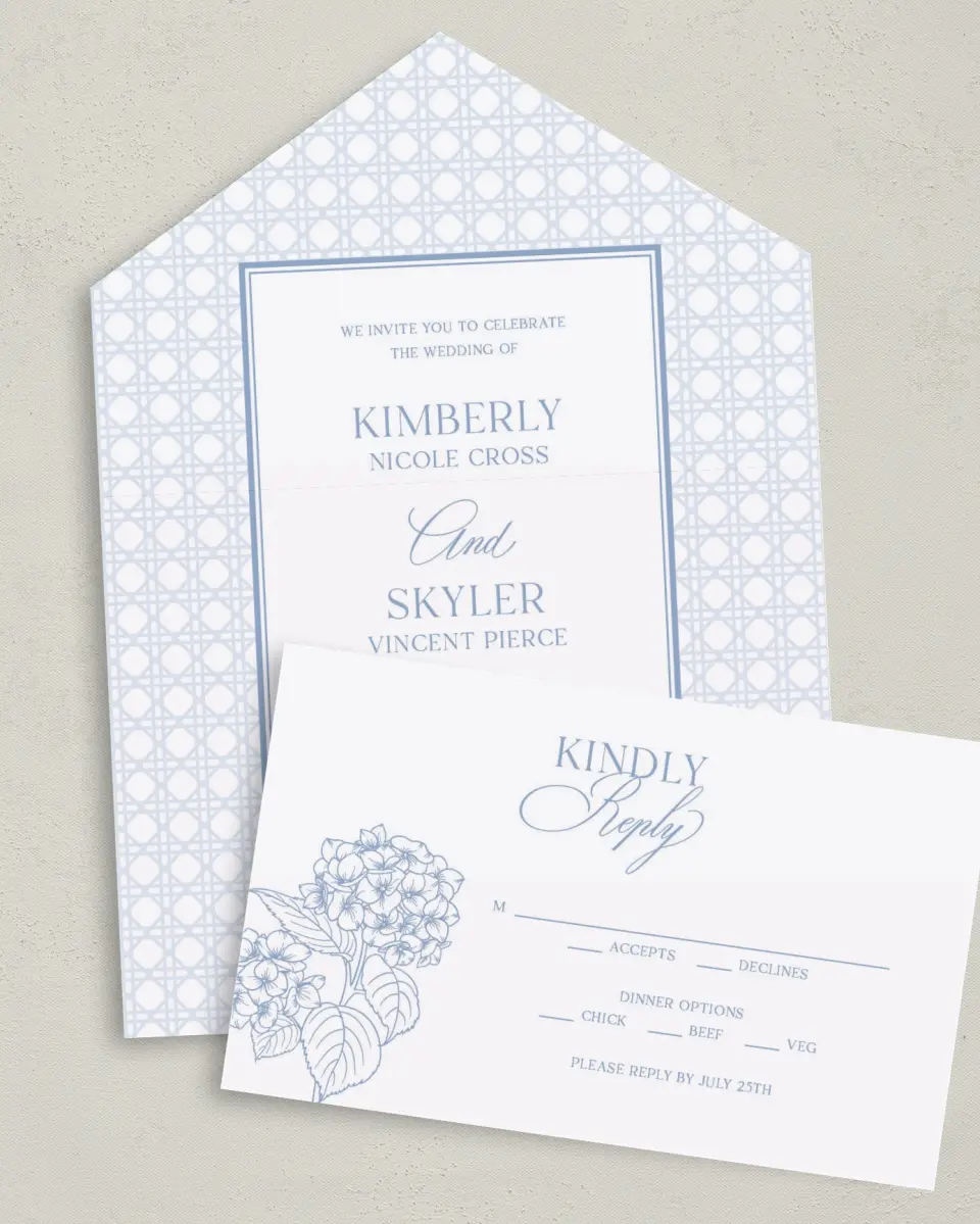 This is a 6" x 4½" All-in-One Wedding Invitation called Woven Serenity printed in full color on Premium Smooth paper