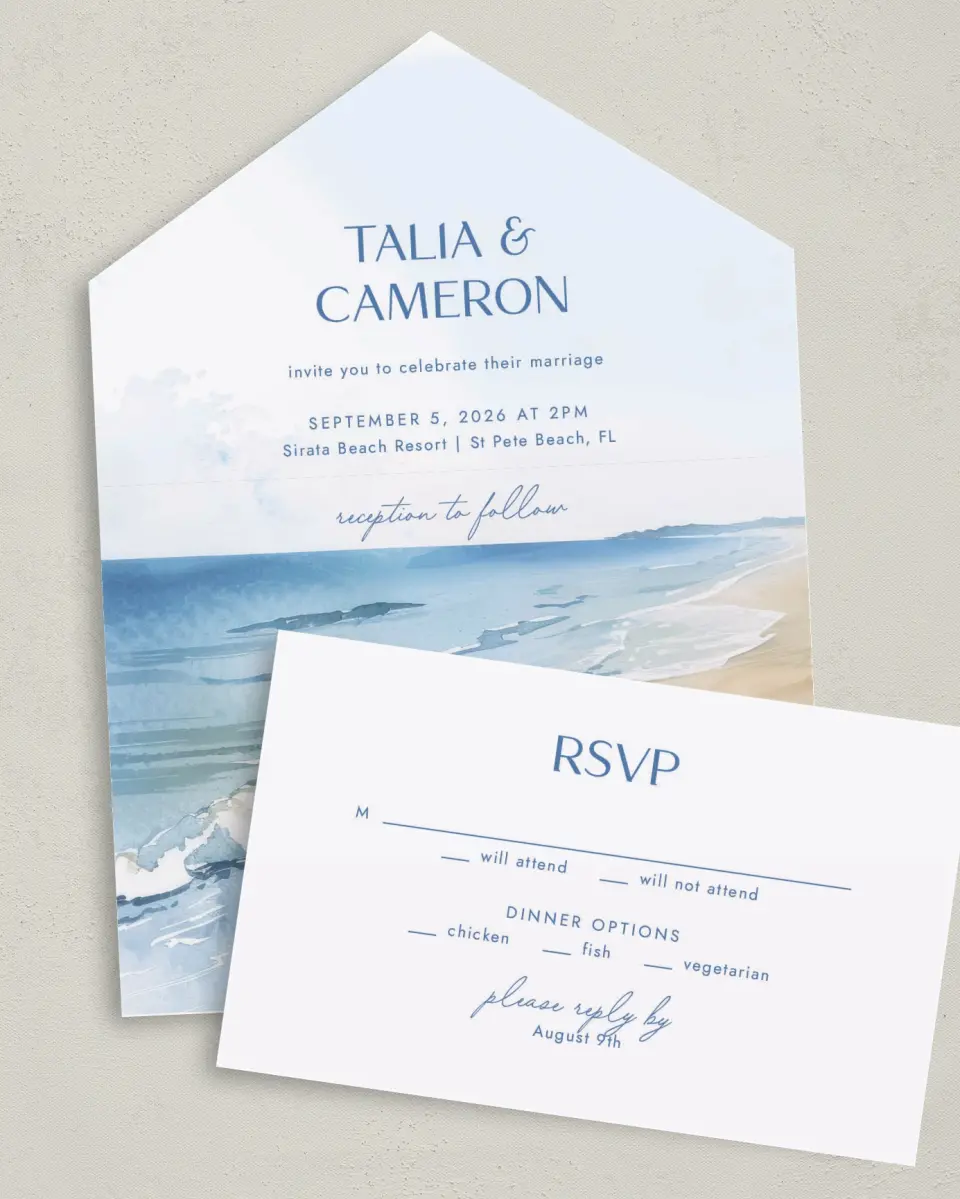 This is a 6" x 4½" All-in-One Wedding Invitation called Seaside Serenade printed in full color on Premium Smooth paper
