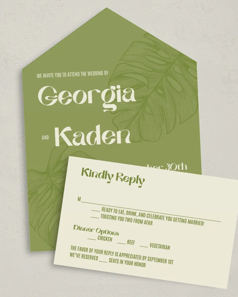 This is a 6" x 4½" All-in-One Wedding Invitation called Zephyr printed in full color on Premium Smooth paper