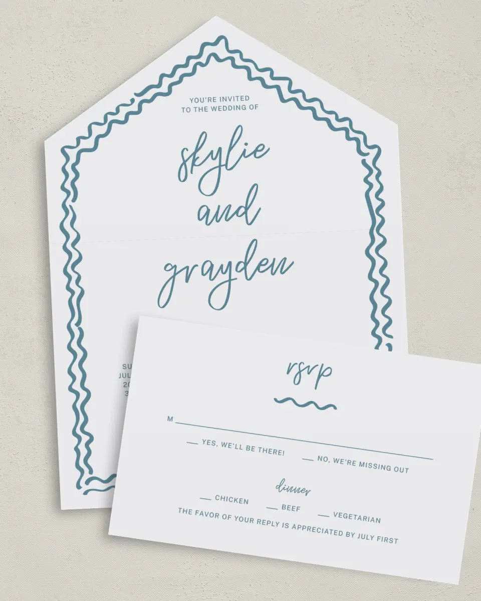 This is a 6" x 4½" All-in-One Wedding Invitation called I Hear Wedding Shells printed in full color on Premium Smooth paper