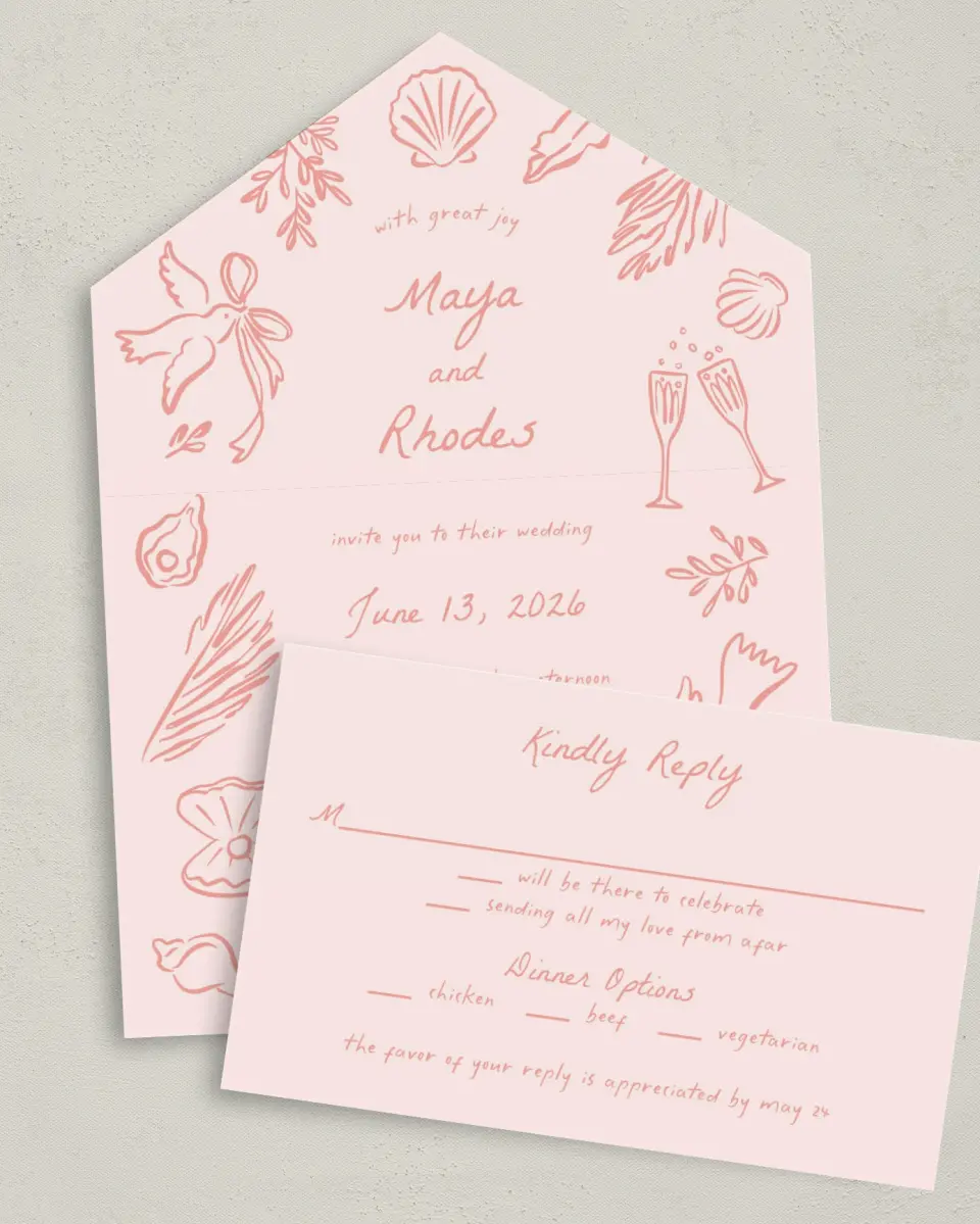 This is a 6" x 4½" All-in-One Wedding Invitation called Maritime Vows printed in full color on Premium Smooth paper