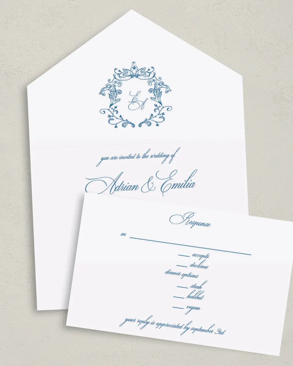 This is a 6" x 4½" All-in-One Wedding Invitation called Blue Toile Romance printed in full color on Premium Smooth paper