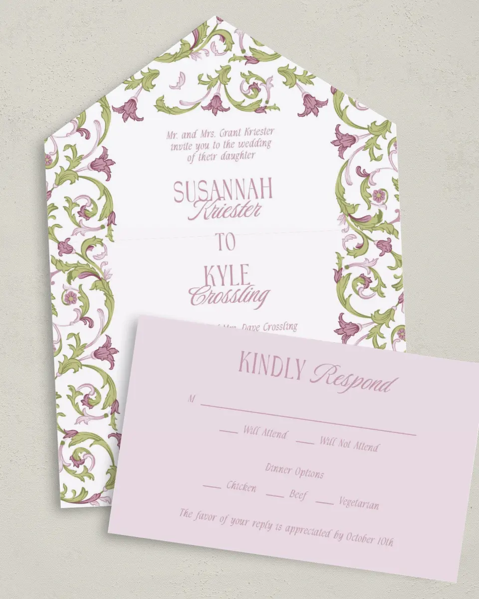 This is a 6" x 4½" All-in-One Wedding Invitation called Ornate Garden printed in full color on Premium Smooth paper