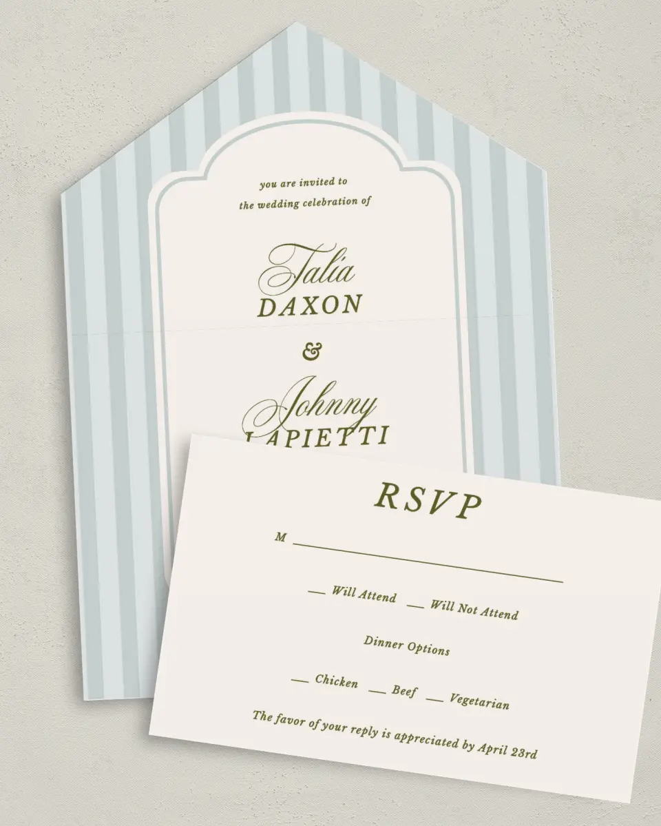 This is a 6" x 4½" All-in-One Wedding Invitation called Love You Forever printed in full color on Premium Smooth paper