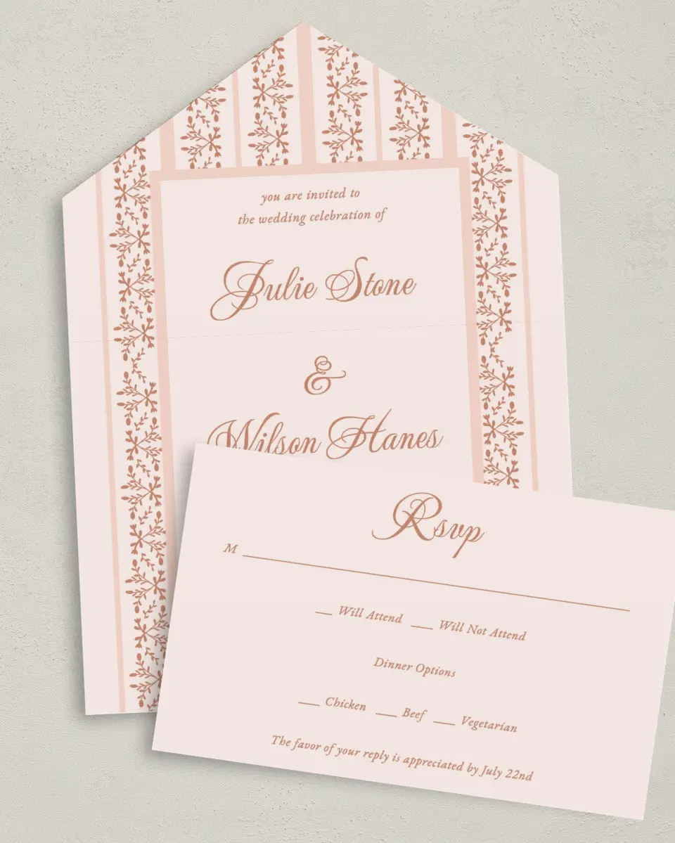 This is a 6" x 4½" All-in-One Wedding Invitation called Patterned Love printed in full color on Premium Smooth paper