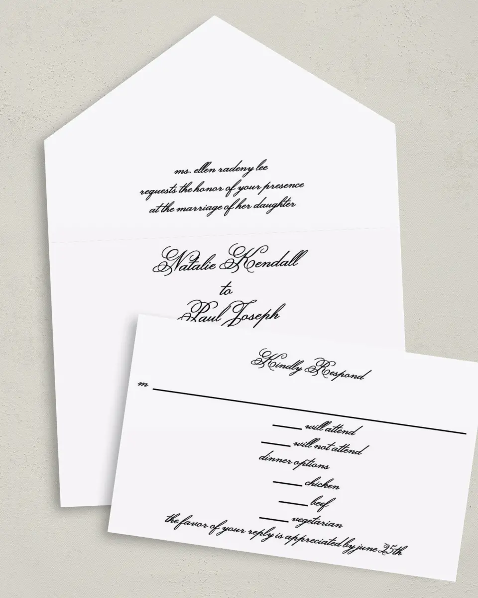 This is a 6" x 4½" All-in-One Wedding Invitation called Formal Script printed in full color on Premium Smooth paper