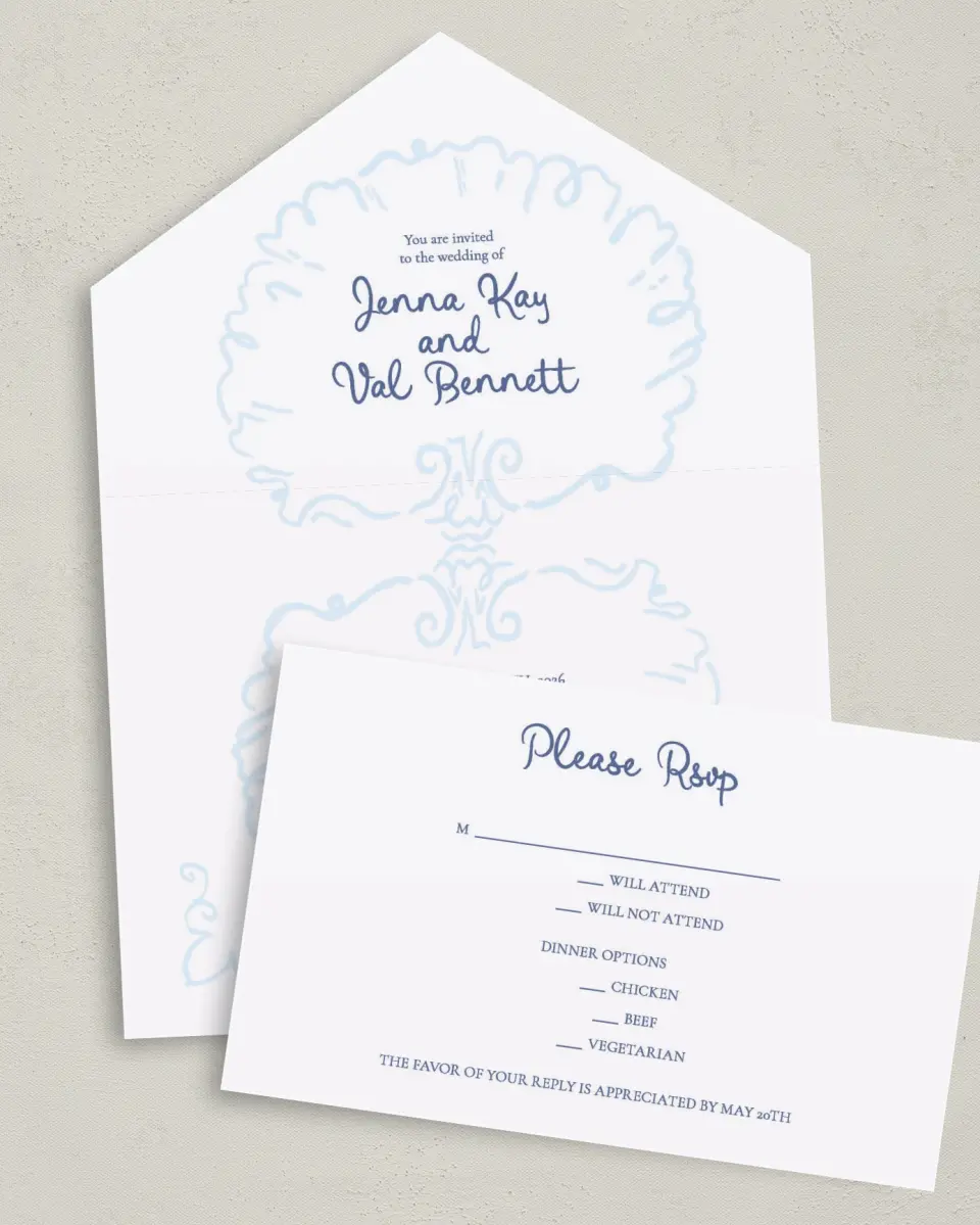 This is a 6" x 4½" All-in-One Wedding Invitation called Love by the Sea printed in full color on Premium Smooth paper