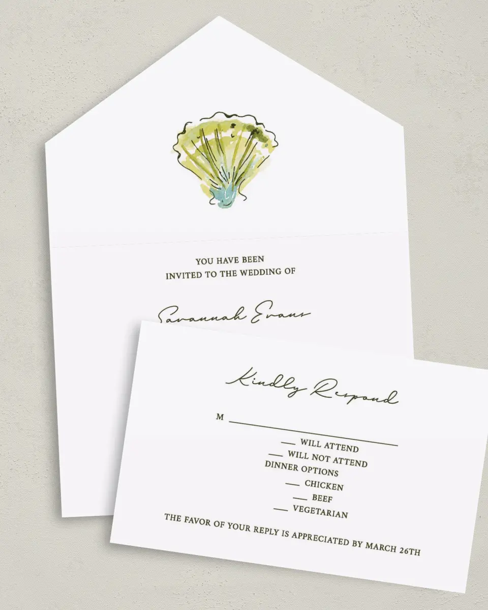 This is a 6" x 4½" All-in-One Wedding Invitation called Whimsical Shells printed in full color on Premium Smooth paper