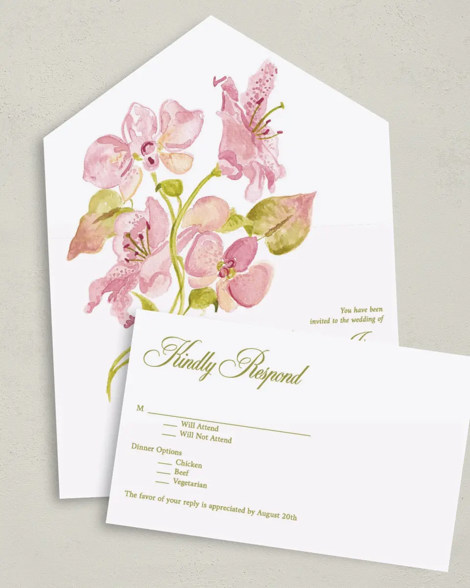 This is a 6" x 4½" All-in-One Wedding Invitation called Paradise in Bloom printed in full color on Premium Smooth paper