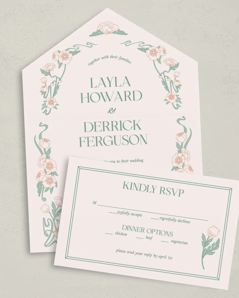This is a 6" x 4½" All-in-One Wedding Invitation called Vintage Dream printed in full color on Premium Smooth paper