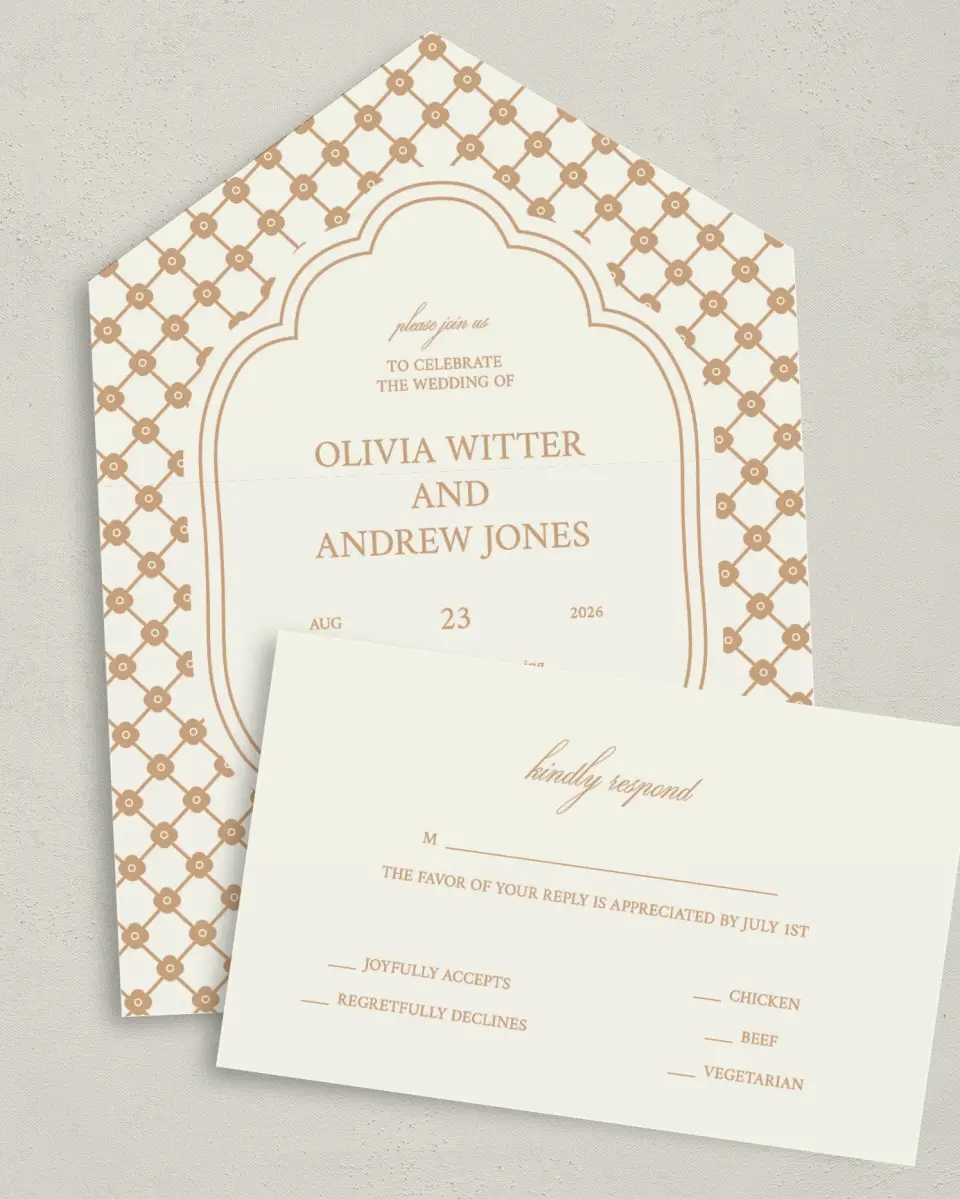 This is a 6" x 4½" All-in-One Wedding Invitation called Beaded Veil printed in full color on Premium Smooth paper