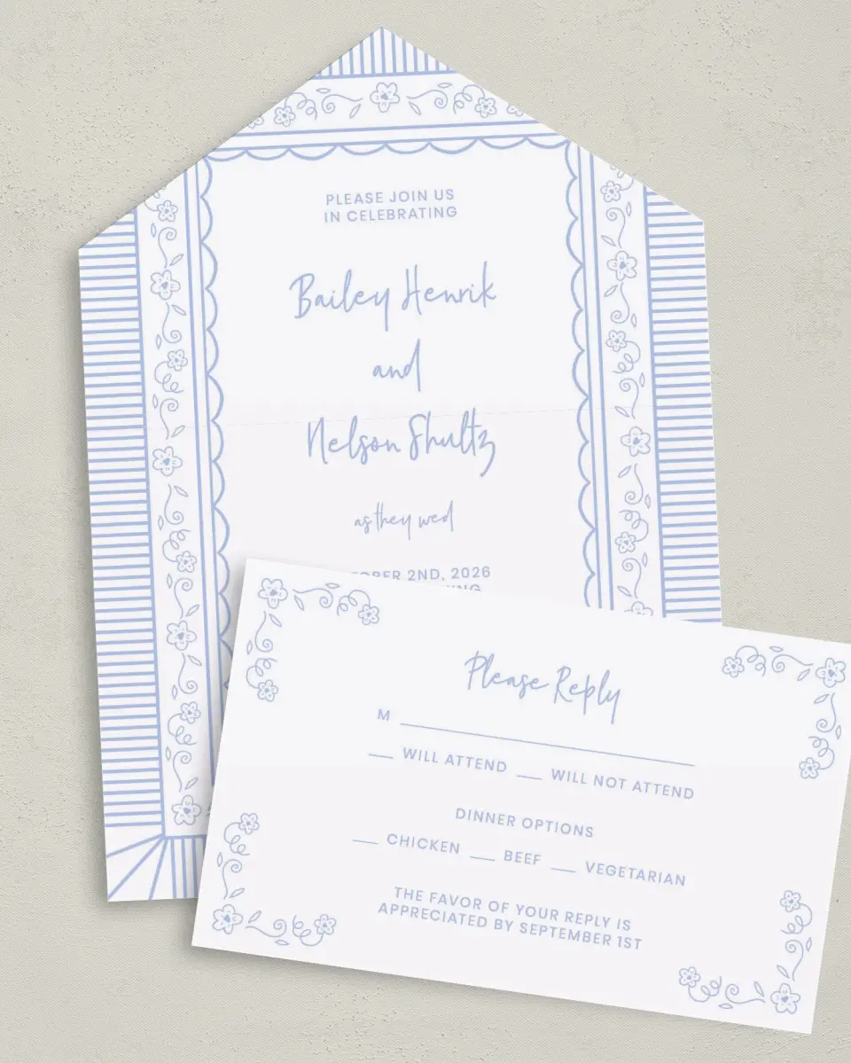 This is a 6" x 4½" All-in-One Wedding Invitation called Framed in Flowers printed in full color on Premium Smooth paper