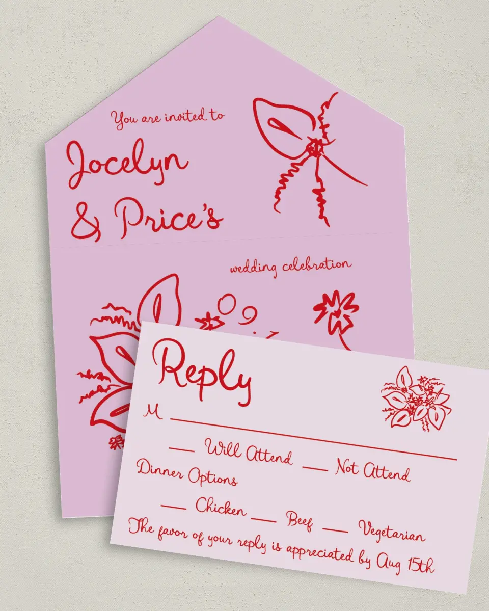 This is a 6" x 4½" All-in-One Wedding Invitation called Flourishing Love printed in full color on Premium Smooth paper